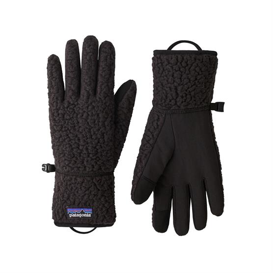 Patagonia retro pile handsker i sort. Handskerne har et klassisk Patagonia logo på oversiden ved håndledet. 